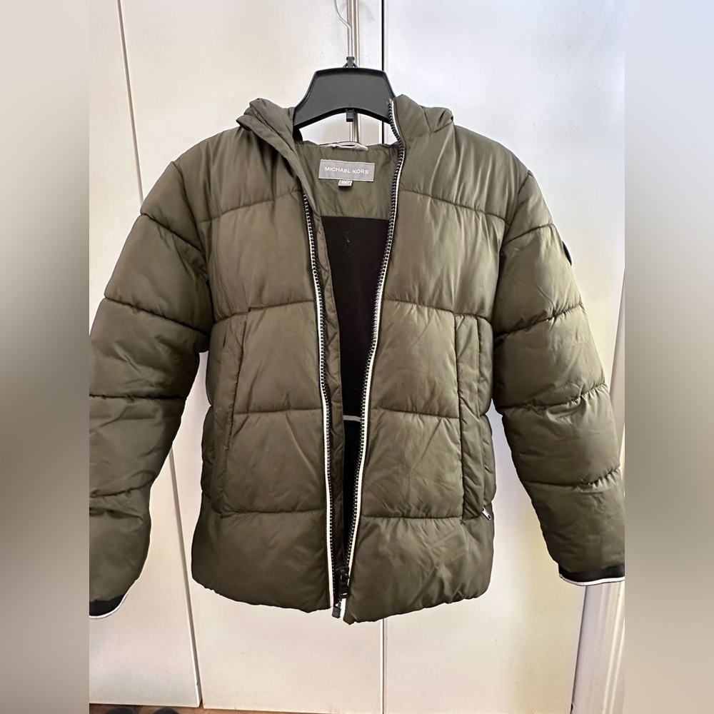 Michael Kors Kids Olive Green Quilted Puffer Jacket with Hood